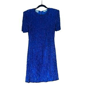 Vintage Sequin Beaded Silk Dress Glam 80s 1980s New Years Eve Holiday